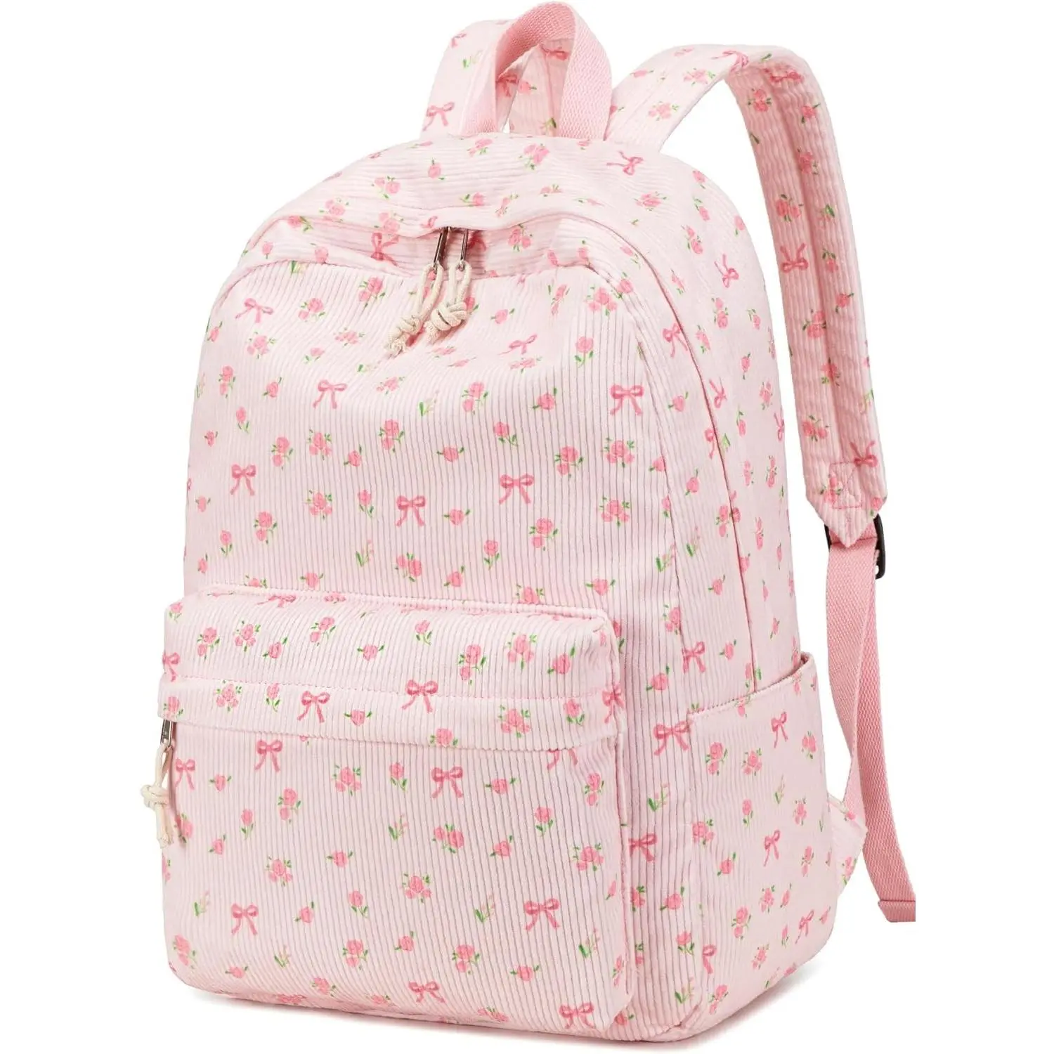BTOOP School Backpack for Girls Teens Large Corduroy Bookbag Lightweight Casual High School College Backpacks 17 inch Laptop Travel Bag (Pink Bow Floral-1)