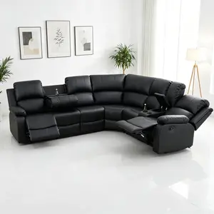 3-Piece Black Semi-PU Artificial Leather Recliner Couch Sofa Set, Breathable Durable Exquisite Modern Functional Comfy Upholstered Indoor Living Room Lounge Sofa, Artificial Leather Sofa