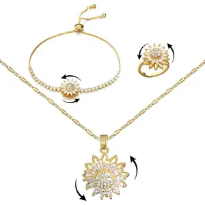 Spinning Sunflower Bracelet for Women Sunflower Fidget Necklace Ring  Zircon  Set for  Worry Relieving Adjustable Flower  Accessories Gifts