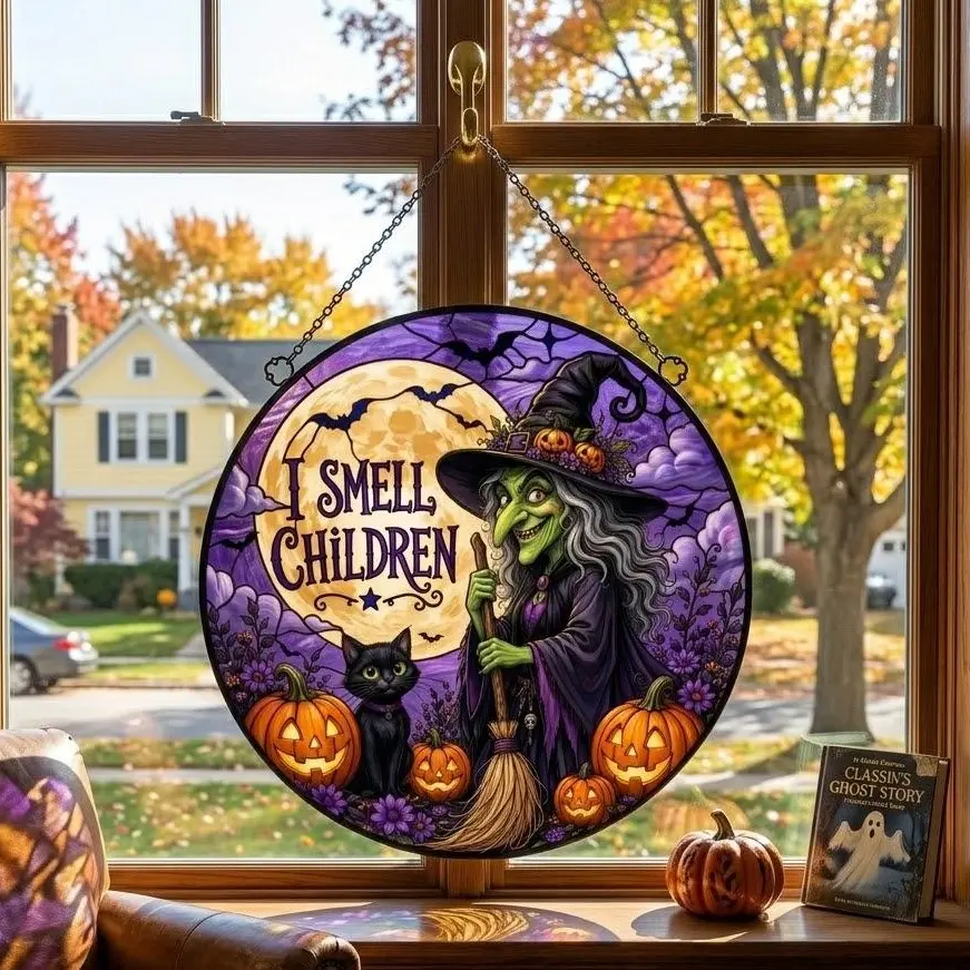 I Smell Children Witch Suncatcher, Halloween Stained Glass Window Hanging Decor, Black Cat Pumpkin Ornament, Funny Spooky Autumn Gift for Mom
