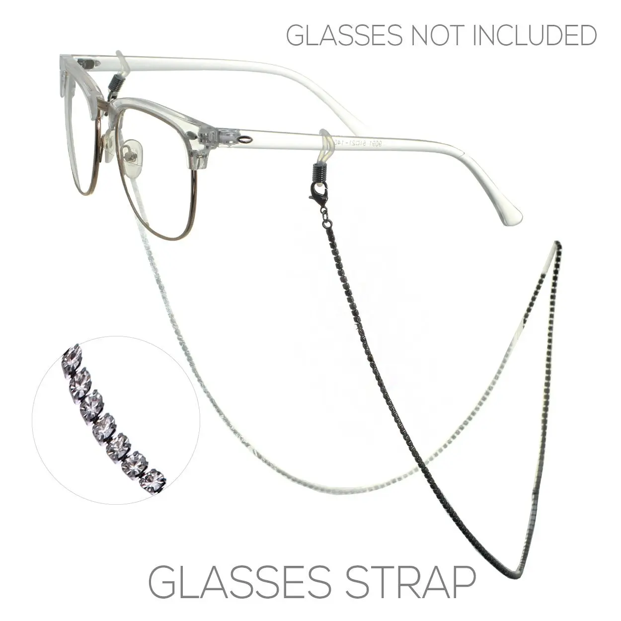 Women's Eyeglass Chain in Black Crystal Rhinestone, Convertible Necklace & Face Mask Holder, Hematite Setting, 28.5" Fashion Accessories, Glasses Holder, Everyday, Bars Can Be Removed, Daily, 28.5 Inches, Adjustable Rubber Bands, Crystal Glass, Lobster Cl