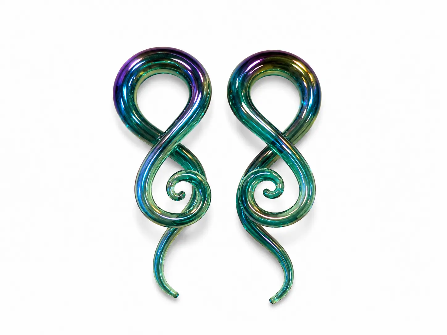 Teal Aura Rainbow Glass Ear Sprials
