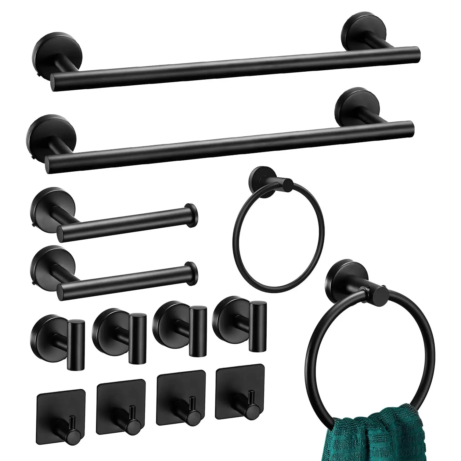 Matte Black 14-Piece SUS 304 Stainless Steel Wall-Mount Bathroom Hardware Kit - 16-Inch Adjustable Bath Towel Bar, 8x Coat Hook for Contemporary Bathroom, Laundry Room