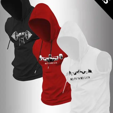 Men's 3-Piece Sports Pattern Hooded Sleeveless T-Shirt Set, Casual Hoodie Vest, Summer Outdoor Fitness Wear, Athletic Fashion Activewear, Sports Clothing Set, Casual Sportswear, Casual Sporty Style, Casual Sporty Design