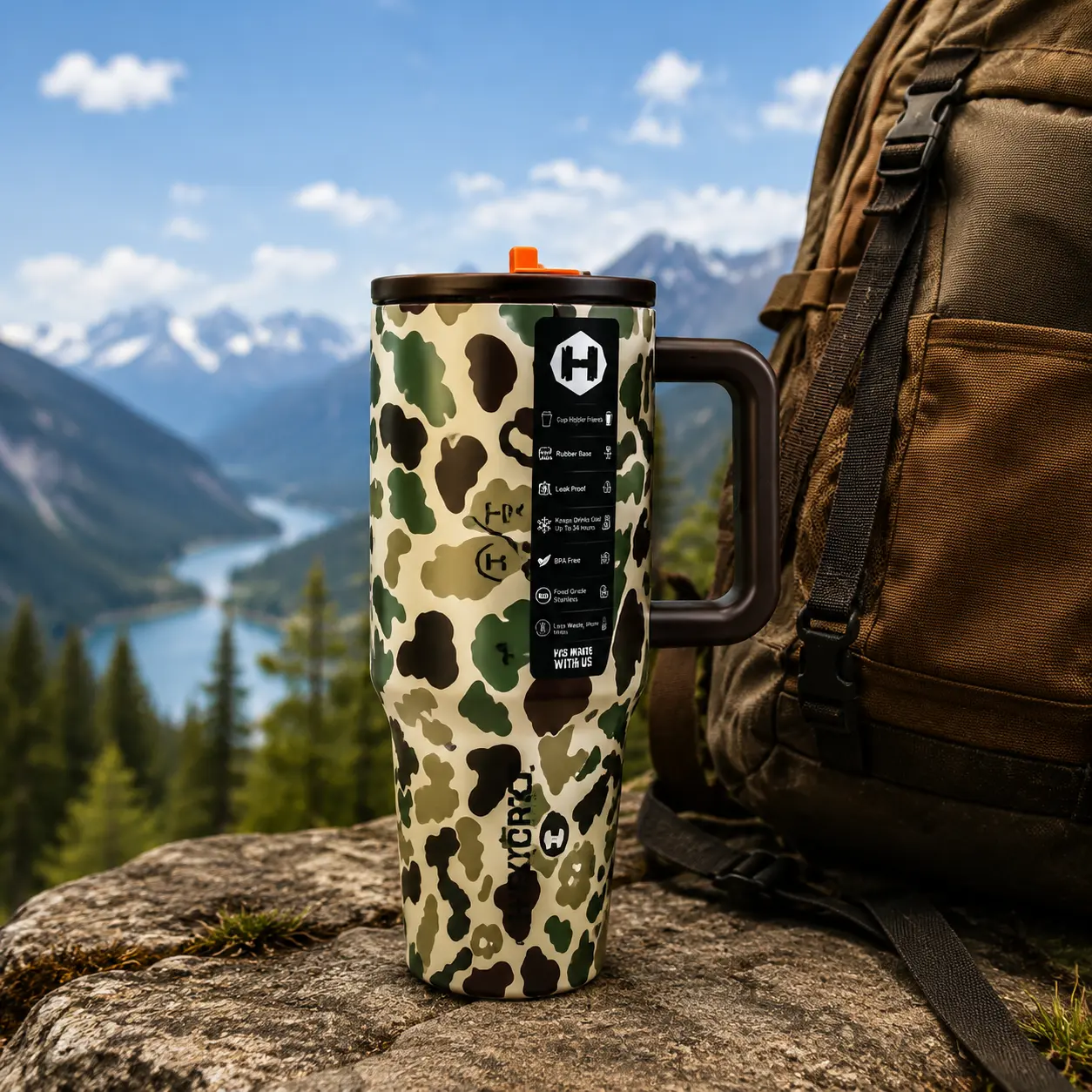 40oz Camo Insulated Stainless Steel Tumbler with Handle & Straw, Leakproof Travel Coffee Cup, Double Wall Vacuum Bottle with 24H Cold Retention, Car Cup Holder Friendly Water Bottle for Home, Office, Gym & Outdoor