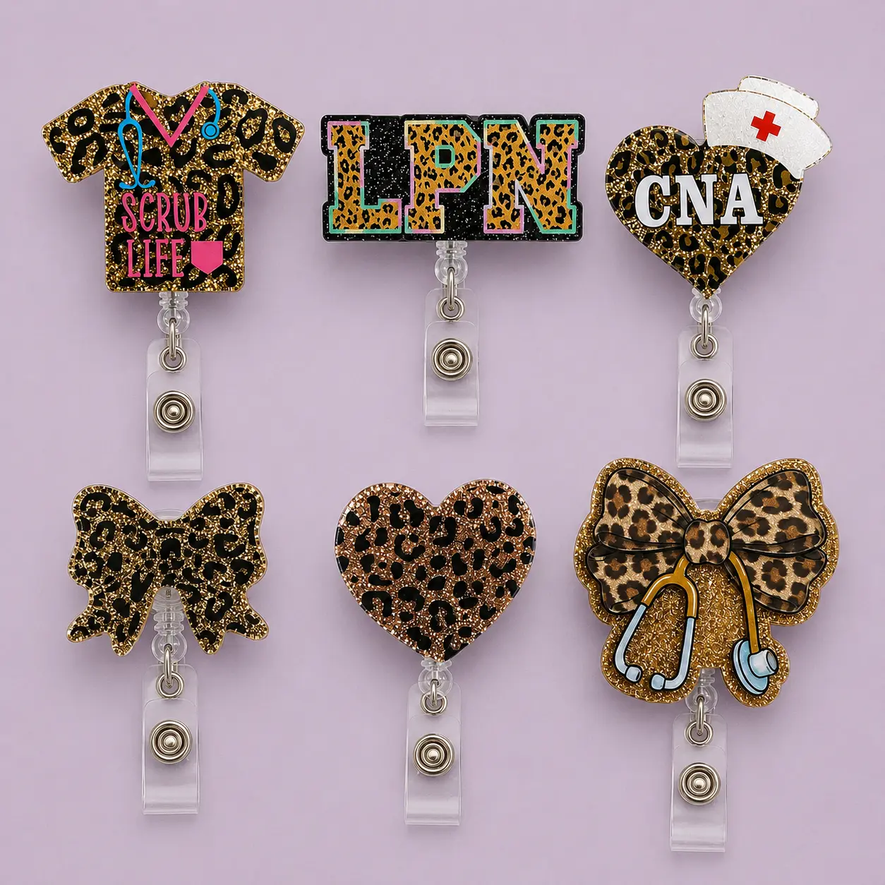 Leopard Bow Stethoscope Nurse Badge Reel, Pack 6  Nurse Badge Reels Leopard Print Set, Retractable Acrylic ID Badge Holder Clip Bundle for RN LPN CNA MA Nursing Student Appreciation Gift Pumpkin Acrylic Keychain Bag Charm for Keys Bags and Backpacks