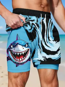 Men's Double-Layer Beach Shorts, Cartoon Shark Print, Quick-Dry Swim Trunks, Elastic Drawstring Waist, Breathable, Casual Gym Shorts