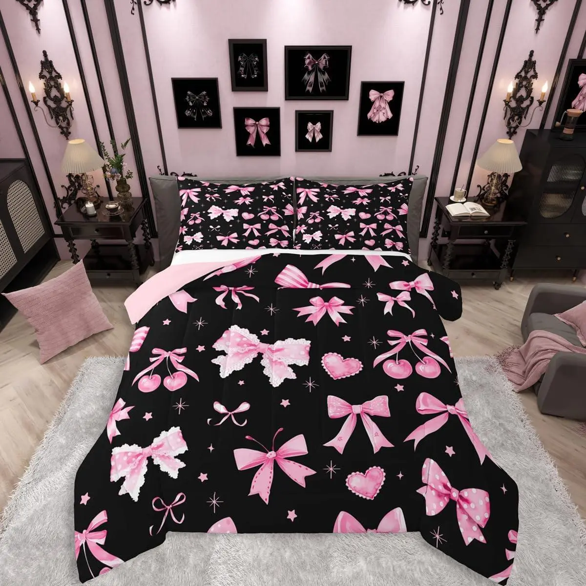 Pink Bow Bedding Set Coquette Ribbon Bowknot Comforter Set Women Bedroom Black Pink Comforter Modern Princess Preppy Bows Quilt Duvet