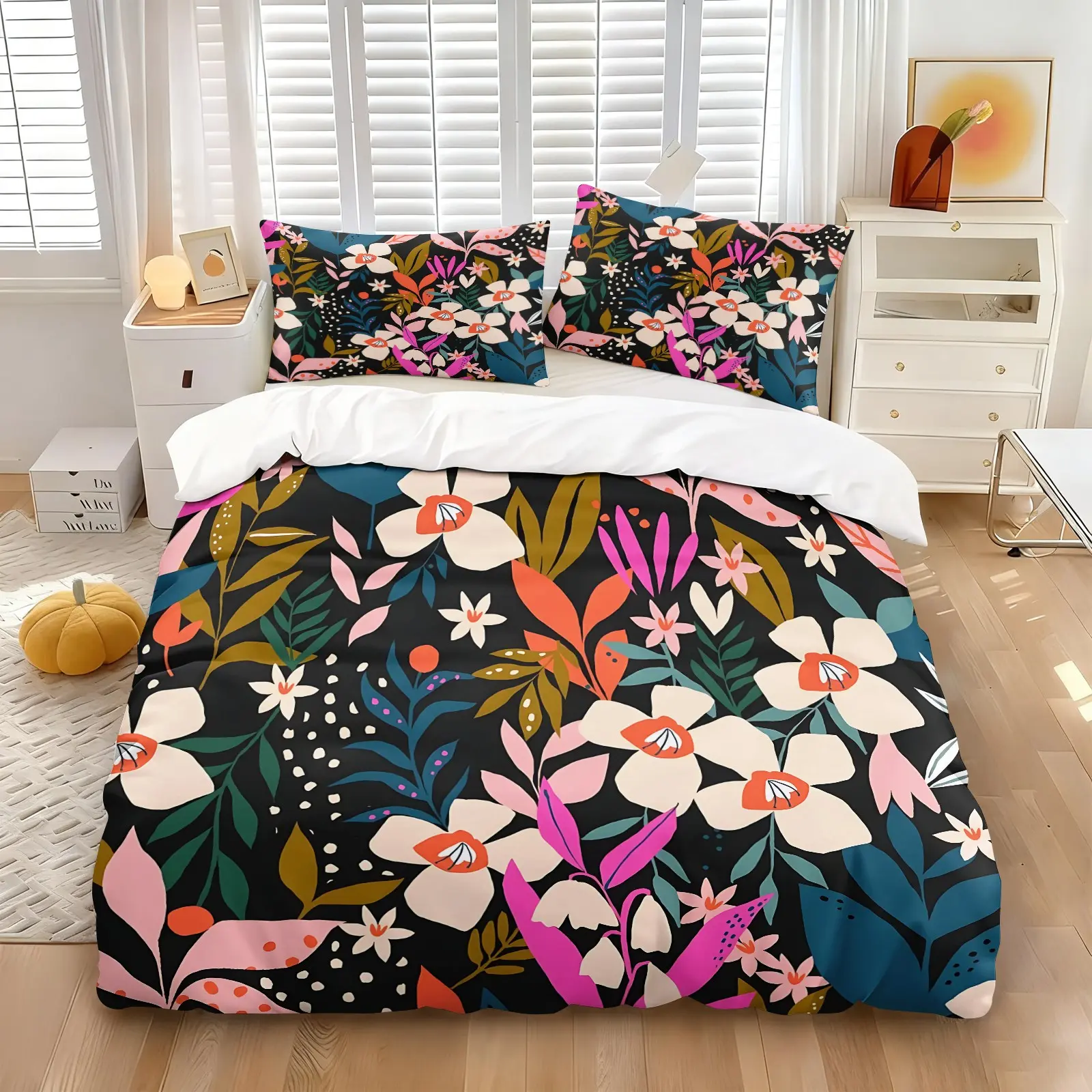 2/3Pcs Boho Floral Duvet Cover Set, Vibrant Tropical Botanical Comforter Cover, Black Background Bohemian Bedding Set with Pillowcases, No Filler, For Women Teen Girls Bedroom Dorm Apartment Home Decor