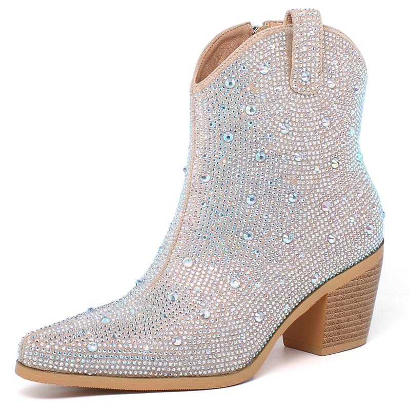 Women Rhinestone Cowboy Ankle Boots Chunky Heel Short Glitter Boots Pointed Toe Blingbling Boots Cowgirl Western Sparkly Ankle Boots for Party Wedding Bridal Bridesmaid Shoes for Carnival Music Festival Concert