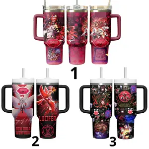 Helluva Boss and Hazbin Hotel Lucifer 40oz Tumbler Anime Bow Cup with Handle Lover Insulated Travel Mug Gift For Her