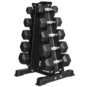 BalanceFrom 150LB Coated Hex Dumbbell Weight Set and A-Frame Storage Rack, 5-25 lbs Pairs