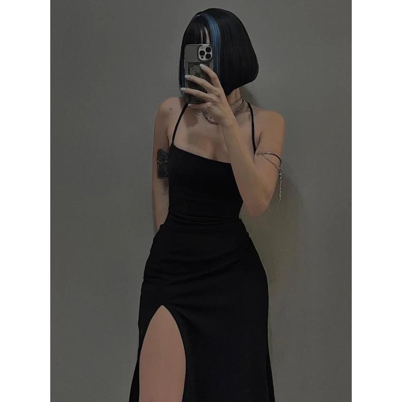 Coquette Elegant Party Dress Mall Goth Vintage Aesthetic Fairycore Grunge Backless Lace-up High Waist Halter Dress