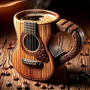5D DIY Diamond Painting Kit, Guitar & Coffee Pattern, Round Full Drill Diamonds, Home Wall Art Decoration, Diamond Art Tools