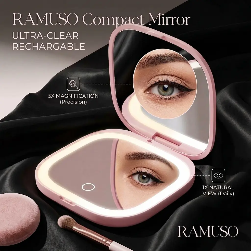 RAMUSO LILAC Series Rechargeable LED Compact Makeup Mirror - 1x/5x Magnification, Dimmable Double-Sided, Adjustable Ambient Lighting, Led-Backlit Light-Up Handheld Mirror, Mini Purse Gadget, Gifts for Women, Led-Backlit Handheld Mirrors