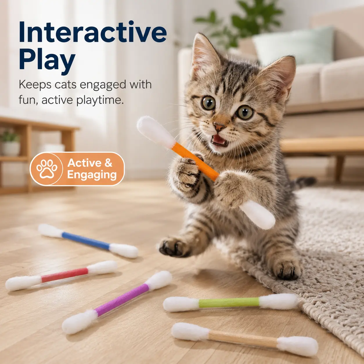 6 Pack Giant Q-Tip Cat Toys, Soft Felt Cotton Swab Chew Toys for Indoor Cats, Interactive Kitten Teething Sticks for Boredom Relief, Daily Play & Cat Gifts