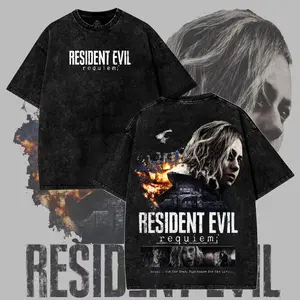 Black Washed Resident Evil Requiem Burning Mansion Nightmare Quote Retro Survival Horror Video Game Graphic T Shirt for Men Oversized Short Sleeve Crewneck Cotton Tee Casual Streetwear Top for Classic Capcom Gamer Fans and Everyday Wear