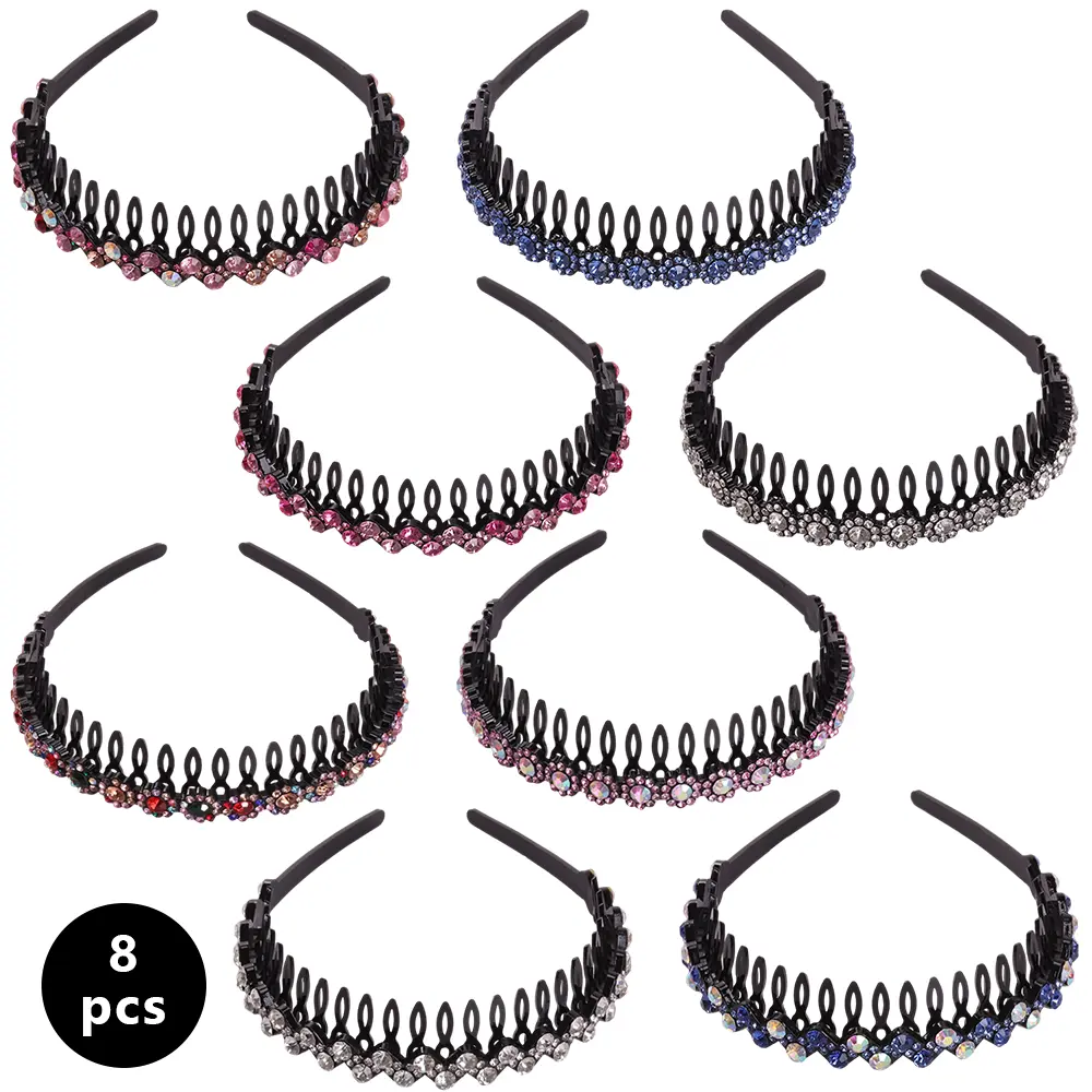 8Pcs Rhinestone Headbands with Teeth Comb, Flower Wave Rhinestone Crystal Hoop for Women, Non-slip Sparkly Crystal Plastic Hairband Hair Accessories