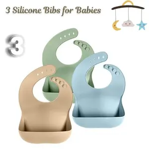 3 Pack Silicone Baby Bibs for Toddlers – Soft Waterproof Adjustable Bib with Food Catcher Pocket, Easy Clean Feeding Bibs for Boys & Girls