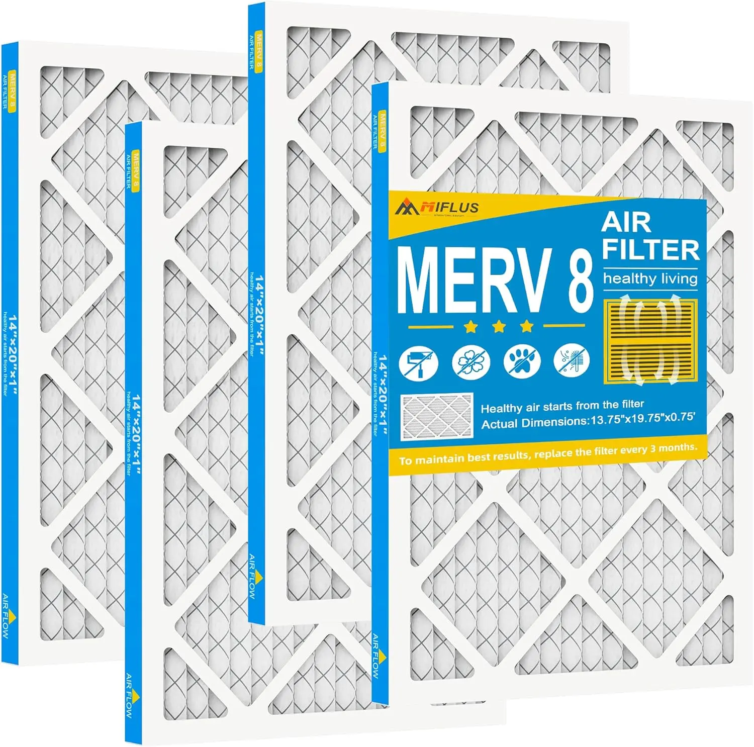 MIFLUS High Performance M8 14x20x1 Air Filter 4-Pack, Furnace Filters for HVAC Systems, Dust Defense