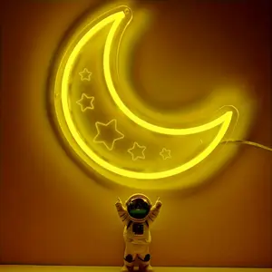 Dimmable Moon & Star LED Neon Sign, USB-powered wall-mounted plastic light with switch control, ideal for wedding, party and bedroom ambient decoration.