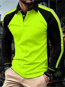Men's casual 3D printed polo shirt, new fabric, fluorescent green long-sleeved top, soft and breathable fabric, suitable for outdoor and casual wear, new fabric
