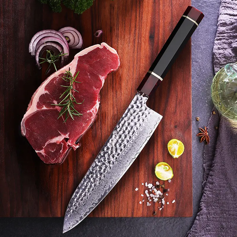 FINDKING Eternity Series 8-Inch Japanese Professional Chef Knife, 9Cr18MoV Damascus Steel Blade, Resin Octagonal Handle, ABS Sheath, Sharp Knives for Cooking & Meat Cutting