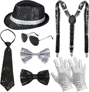 70s 80s Disco Outfits Dance Star Costume 70s 80s Pop Stage Gloves Fedora Hat Sunglass Tie for Cosplay Party Halloween