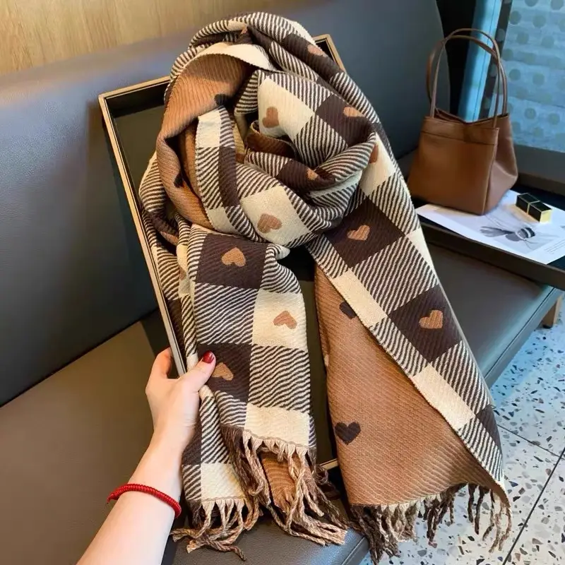 Plaid & Heart Pattern Tassel Design Scarf, Elegant Soft Warm Thick Shawl for Women & Men, Fashion Accessories for Fall & Winter