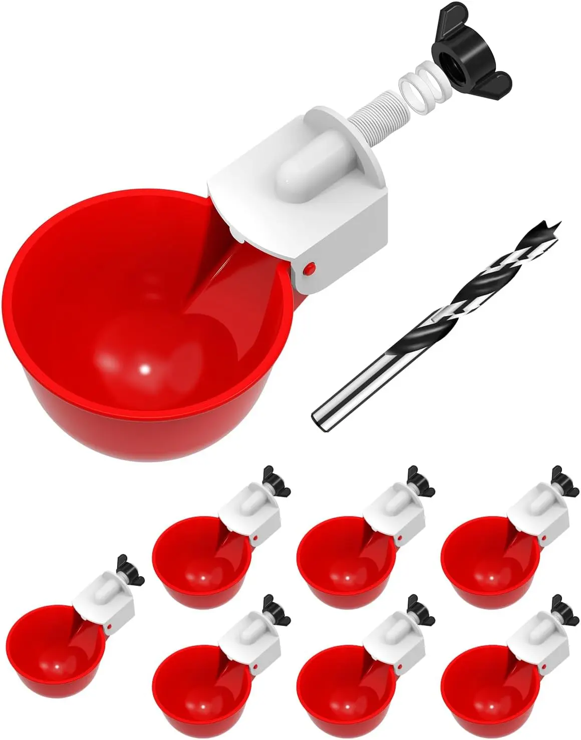 Chicken Waterer Cups (8 Pack) with 3/8" Drill Bit - Red | Automatic Poultry Drinker Feeder Kit for Chickens, Ducks, Turkeys, Quail, Bunnies | DIY Gravity Fed Bucket Water Dispenser