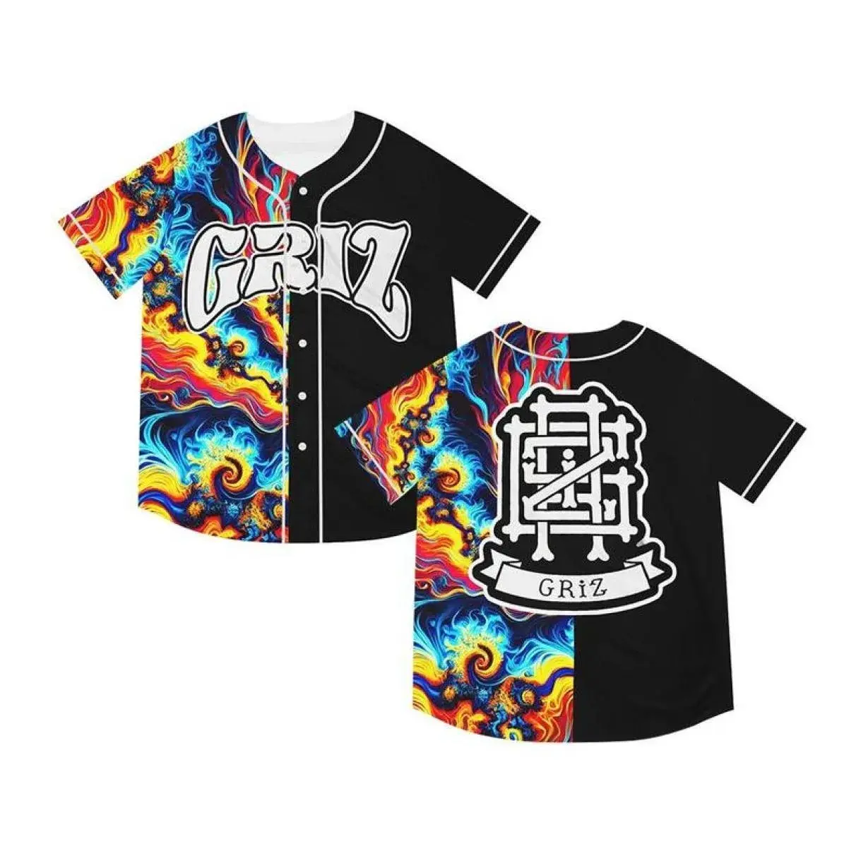 Griz Tie Dye Baseball Jersey – EDM Music Festival Inspired Graphic Jersey, Vibrant Tie Dye Baseball Shirt for Concerts, Raves & Everyday Streetwear