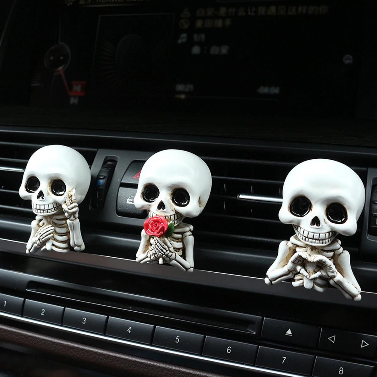 3pcs Cute Skeleton Resin Figurines, Car Interior Accessories, Fragrance Diffusers, Car Aroma Diffuser, Air Outlet Clips, All-Season Car Decor, Holiday Decorations, Air Freshener, Car Accessory, Perfect Car Gift
