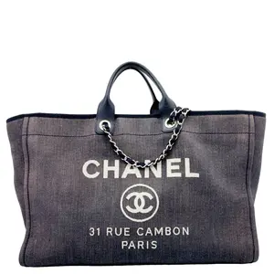 Pre-owned CHANEL Denim Tote Bags Deauville Tote Navy Blue