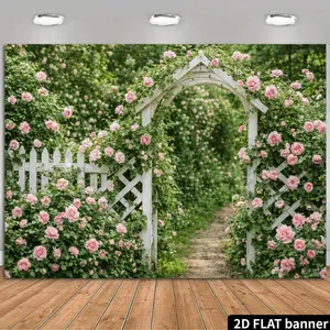 A 2D Fresh Garden Background Featuring a Rose Arch with a White Pointed Flower Gate Pink Climbing Roses And White Fence Elements Along a Dirt Path. Made from Durable Polyester Fabric It Requires No Power And Is Suitable for Wedding Photography