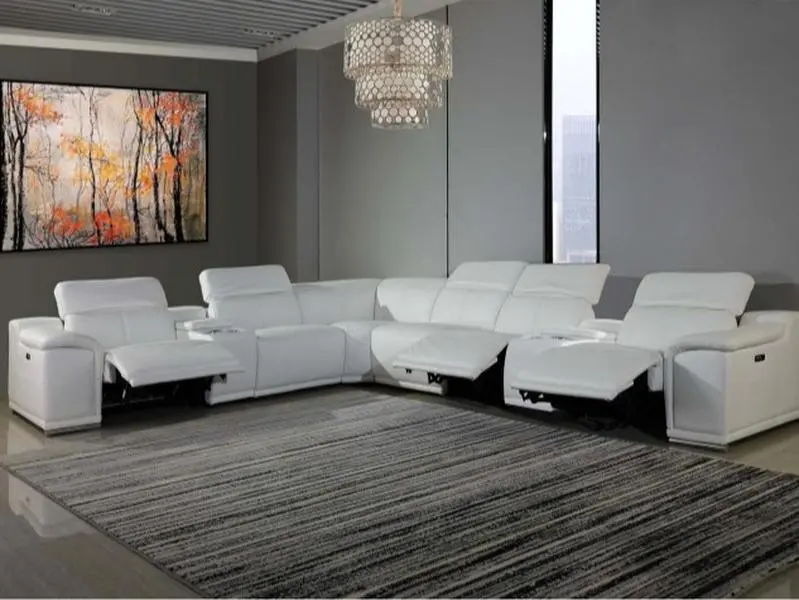 Global United 9762WH-8PC 8 pc Divanitalia White Italian Leather Power Reclining Sectional Sofa with Adjustable Headrests & Chrome Legs