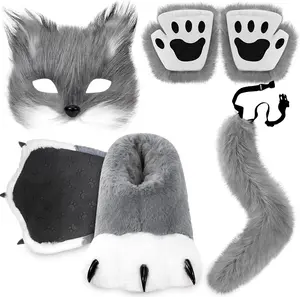 6 count Halloween Faux  Fox Costume Women Adult  Mask Tail Fluffy Paws Gloves Slippers  Christmas Party