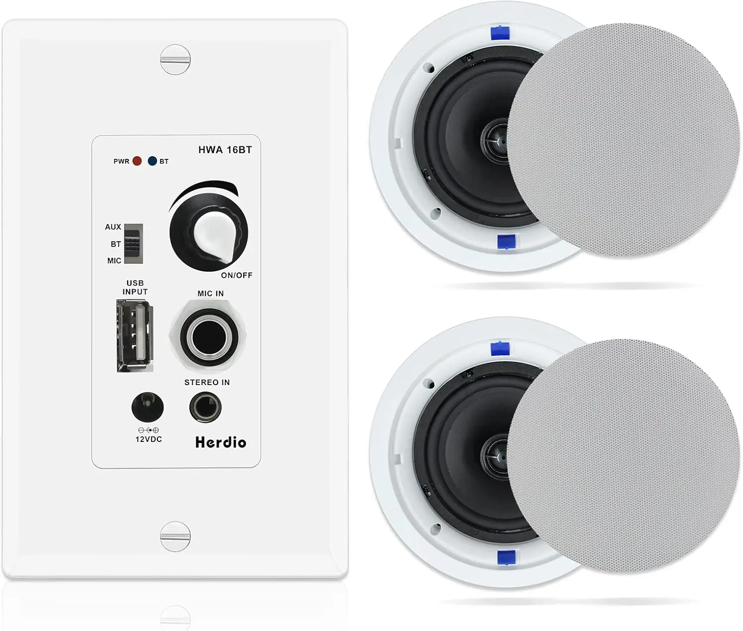 Herdio HWA 16BT 6.5-in Powered Stereo Ceiling Speakers Pair - Wired, Wireless Bluetooth, 320W, In-Wall Controls, Custom Mount, USB Amplifier Receiver with Charging Port & Memory Support, Polypropylene Drivers, Iphones/Mobile Compatible, Home Theater Use,,