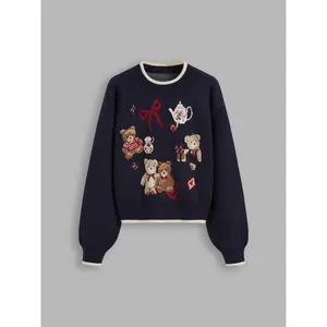 Cider [size 2-10] Knit Round Neckline Bear Bowknot Contrasting Binding Long Sleeve Top