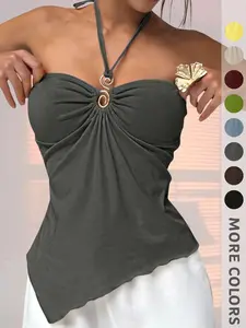 New Summer Women's Halter Tie Pure Color Tank Top, Metal Ring Buckle Design, Ruched Asymmetrical Hem, Elegant Fashion for Office, Vacation, Date
