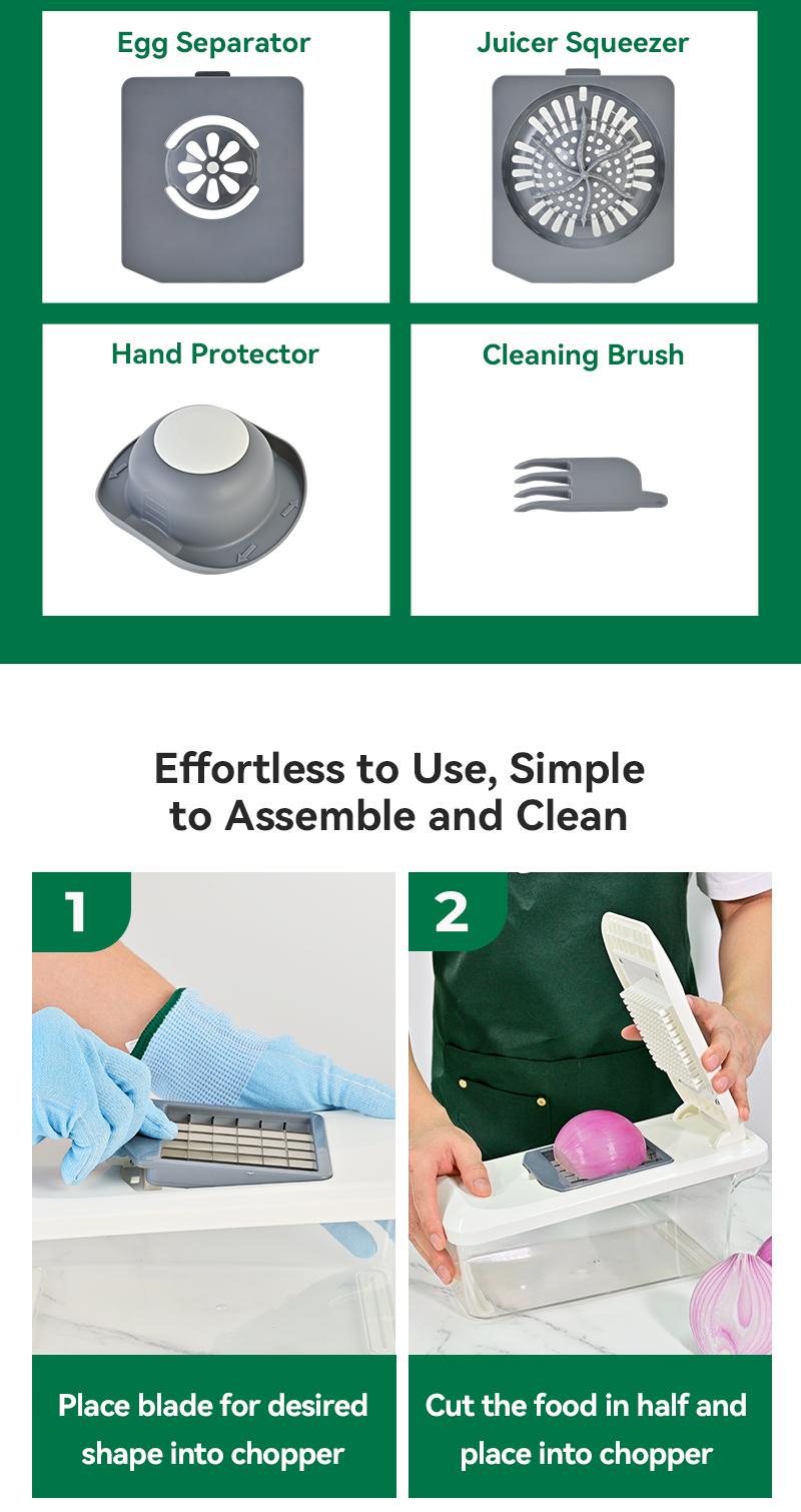 Simplify meal prep with our 8-piece multifunctional chopper set. It features a slicer and container for an efficient, all-in-one kitchen solution.