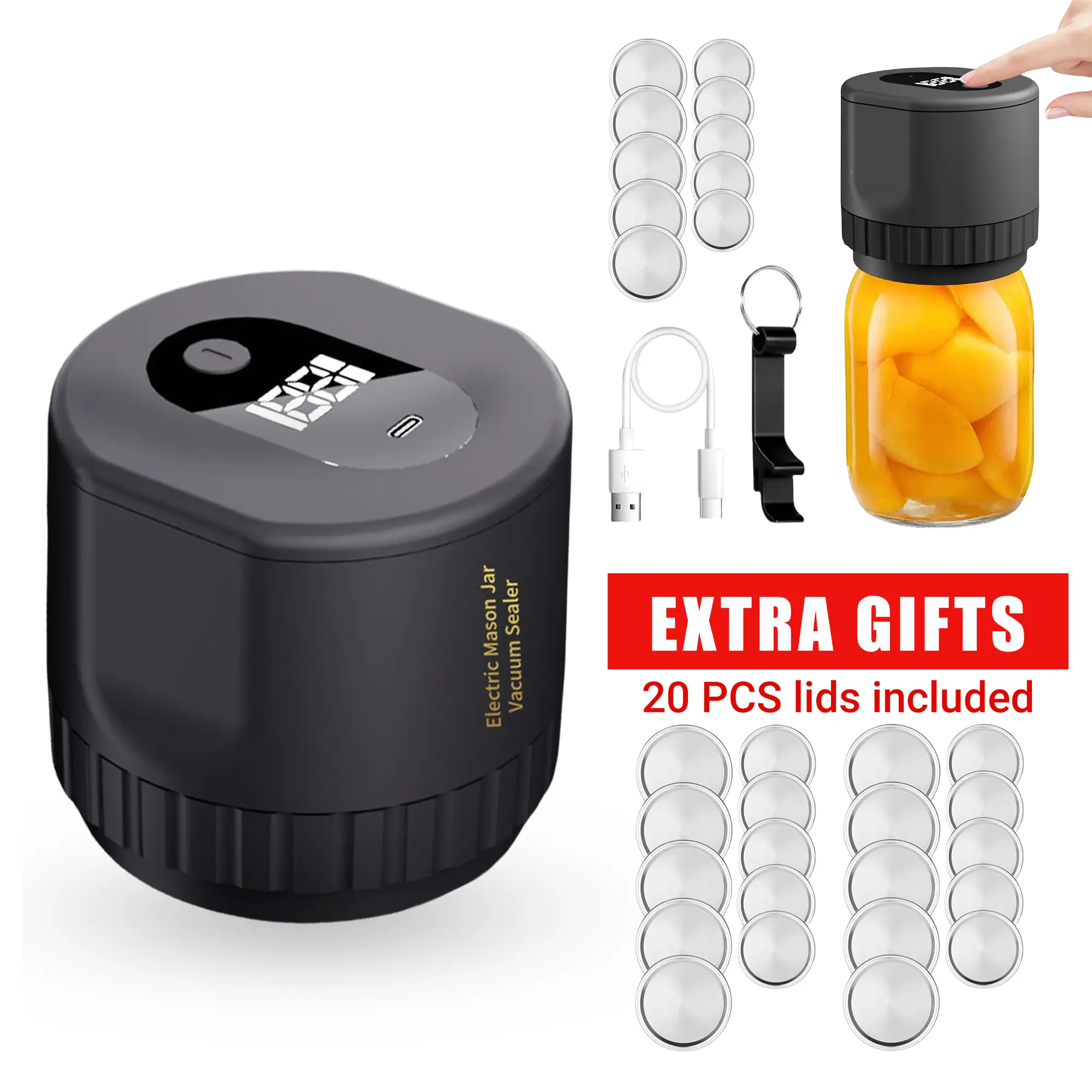 13-Piece Smart Vacuum Sealer Kit + 20 Free Extra Lids - Leak-Proof Auto-Stop Can Jar Sealer for Fresh Food Storage, Perfect Fit for Wide/Regular Mouth Canning Jars