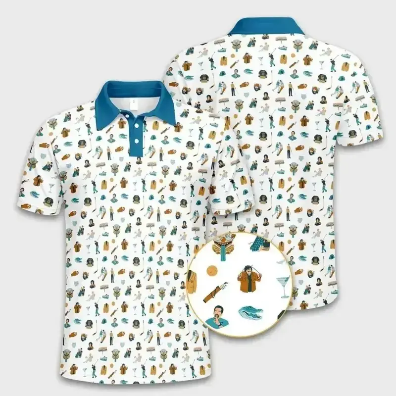 Classic Polo Shirt Featuring Whimsical Character and Lifestyle Icon Print