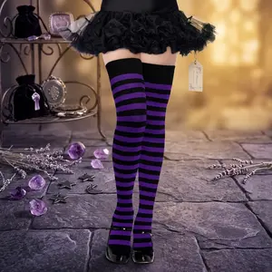 Women's Striped Thigh High Knee Socks - Extra Long Cotton Knit Over the Knee Socks for Halloween, Cosplay, Casual Wear, Warm Comfortable Stretchable Fashion Legwear Perfect for Fall Winter Season