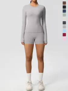 Two-Piece Set Women's Solid Long Sleeve Tee & Skinny Shorts Tracksuit Set, Quick Drying Breathable Comfortable Sports for Gym Workout Running, Ladies Sportswear for All Seasons, Sporty High Stretch