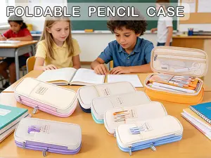 Foldable Pencil Case Zipper Big Capacity Aesthetic Canvas Pencil Pouch Compartments Stationery Organizers Pen Bag for Kids Girls Boys Teen Child Student School Supplies Makeup Bags