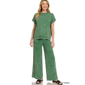 Ribbed Acid Wash Rayon Top & Pants Set