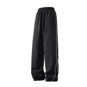 Men's Black Wide-Leg Pants with White Side Stripes and Drawstring, Cool Street Style, High Elasticity Waistband with Drawstring for Comfort and Non-Restrictiveness, White Side Stripes Enhance Layering, Draped Fabric Creates a Relaxed Wide-Leg Foldover Loo