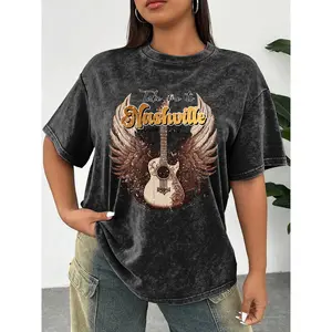 Music - Inspired Washed T - Shirt with Guitar and Wings Design Saying “Take me to Nashville Music City” for Music Lovers