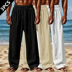 3 Pack Men's Linen Straight Leg Casual Pants, Regular Fit with Elastic Waistband, Breathable and Comfortable, Ideal for Daily Wear, Outdoor Activities and Beach Vacation