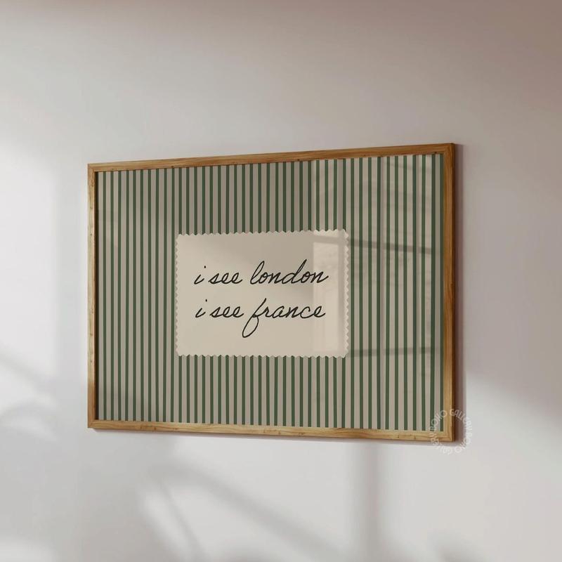 Horizontal Wall Art , Vintage "I See London I See France" Print: Green Striped Bathroom Decor| Framless Poster J